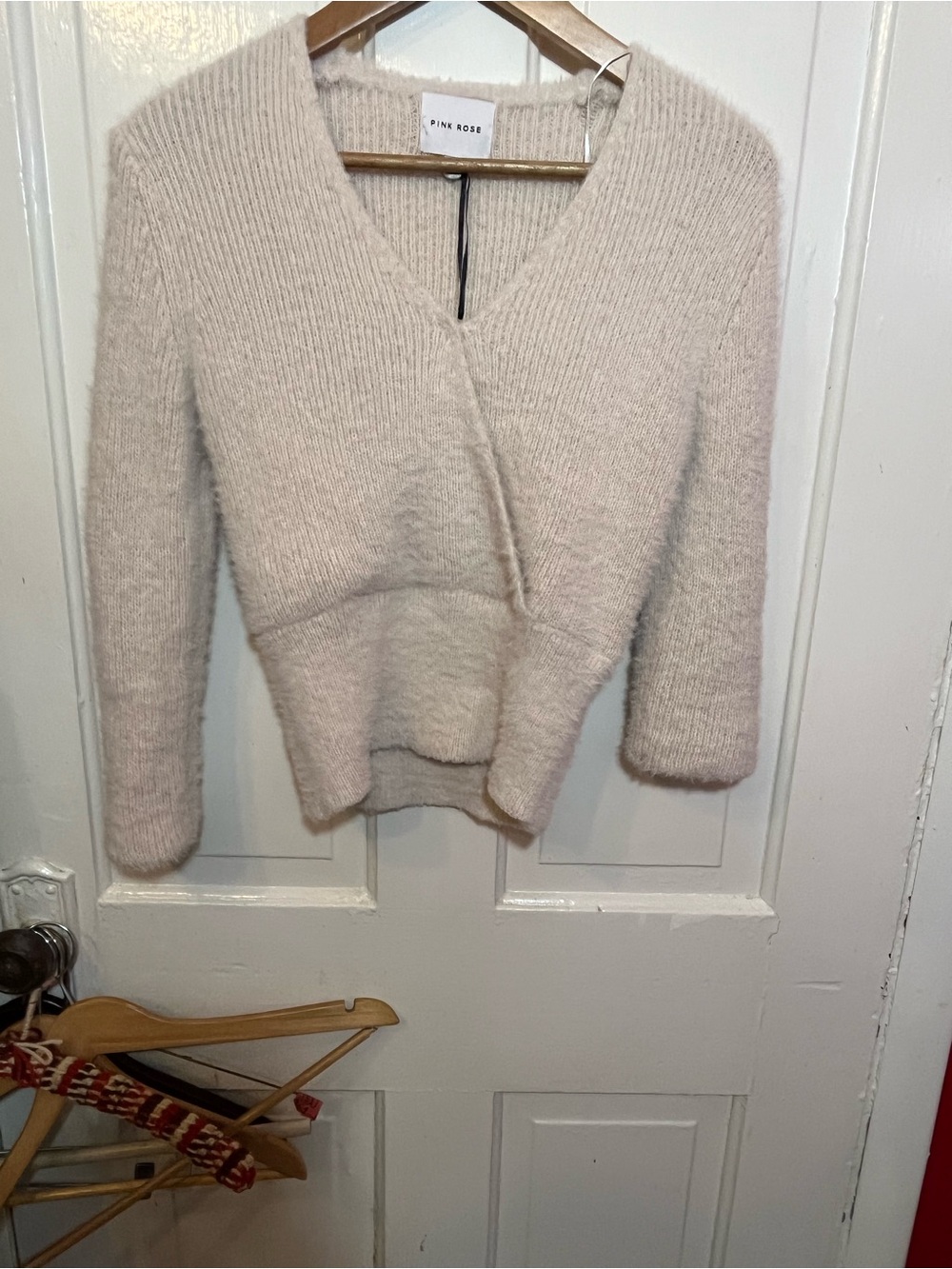 Pink Rose Beige V-Neck Fuzzy Knit Sweater